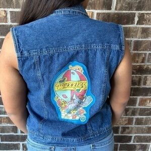 Upcycled Jean Vest With Vintage Wuzzles Iron-On On Back Sleeveless Button Up
